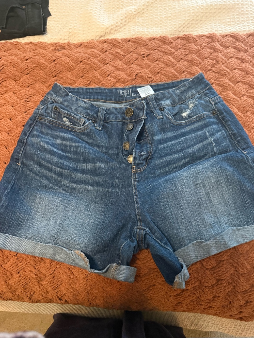 Time and Tru Distressed Medium Blue Denim Roll-Cuff Shorts